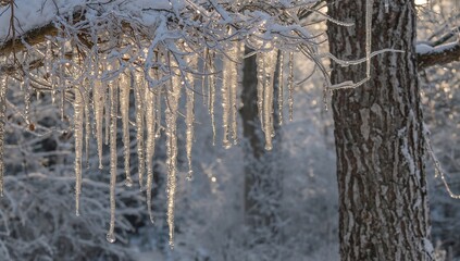 Melting and Refreezing Icicles Hanging from Trees, Seasonal Change