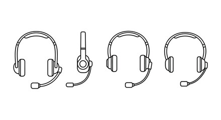 Set of four distinct headset outlines with microphones for communication and gaming use vector