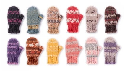 Collection of woolen mitts and gloves displayed on a white surface