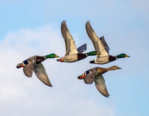 Obraz premium Four ducks in flight are captured against a light blue sky, their feathers defined, showing flight formation. One is a female duck