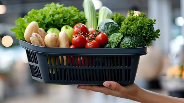 Fresh vegetables and greens displayed in market basket held by a person in a bustling farmers market during bright daylight hours
