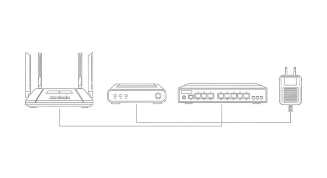 Network setup diagram connecting laptop modem router and power adapter for home office connectivity vector