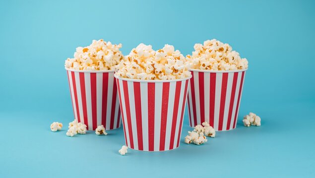 Striped red and white containers filled with salted popcorn on a vibrant backdrop. Entertainment and cinema theme. Movie evening snack. Tasty treat with space for text - Powered by Adobe