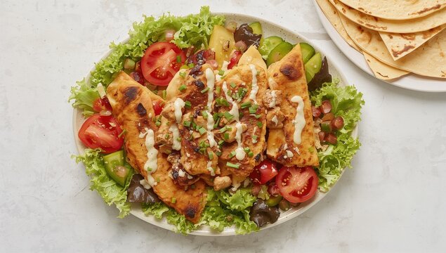 Flour tortilla quesadillas with chicken, cheese, and fresh vegetables served with ranch dressing