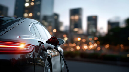 Power supply connect to electric car to add charge to battery charging technology industry transport future of automobile defocused city background urban mobility sustainable