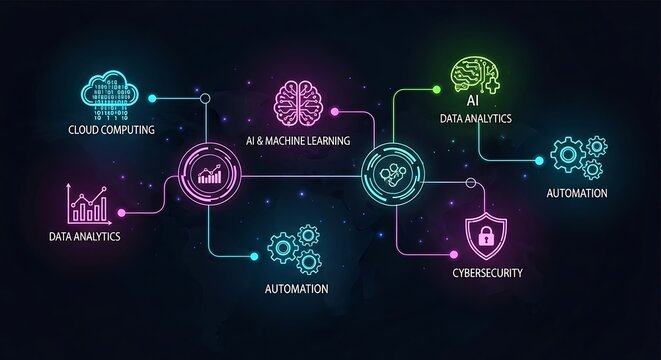 A vibrant and futuristic depiction of interconnected digital technologies, showcasing cloud computing, data analysis, ai, automation, cybersecurity, and machine learning on a dark background