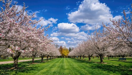Blooming apple trees under a clear blue sky in a spring park, seasonal change
