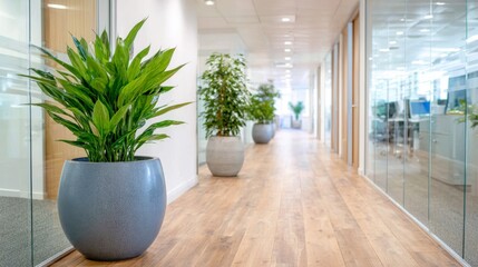 Fototapeta premium Modern Office Corridor Featuring Lush Green Plants in Stylish Pots with Wood Flooring and Glass Partitions Creating a Fresh and Inviting Atmosphere