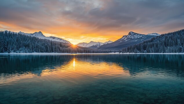 Dusk falling on a tranquil alpine lake