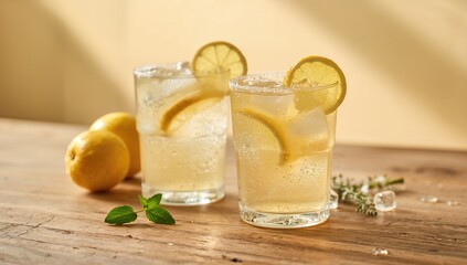Fototapeta premium Pair of lemonade glasses placed on a wooden table