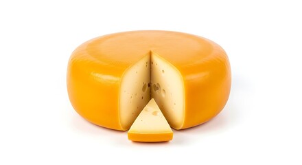 Whole cheese wheel with a triangular slice removed, isolated on white background