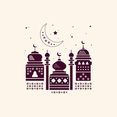 Silhouette of Mosque with Crescent Moon, Islamic Symbol Vector Illustration