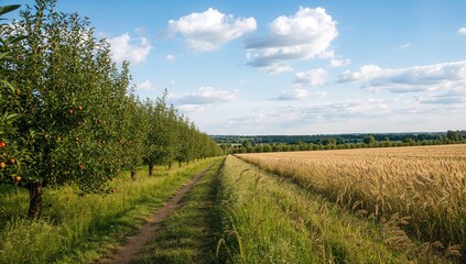 Obraz premium Summer landscape of a field filled with apple-bearing trees