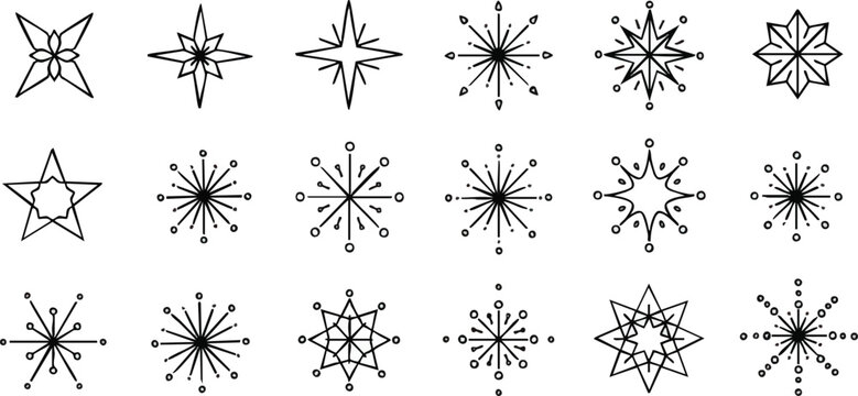 Collection of diverse star and snowflake graphic designs.