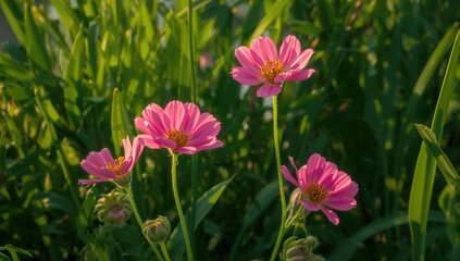 Floral Pink Flowers Set Against Green Backdrop, ideal for editorial header background