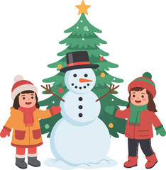 Two happy children building a vector snowman and decorating a Christmas tree during winter holidays.