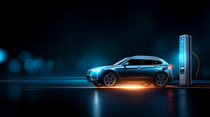 EV electronic vehicle electric hybrid car power charging station with display futuristic UI power supply cable charging modern industry automobile transportable eco friendly