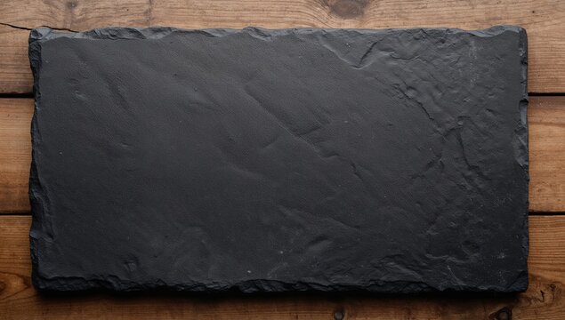 Black slate stone resting on a wood surface, ideal for culinary presentations