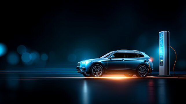 EV electronic vehicle electric hybrid car power charging station with display futuristic UI power supply cable charging modern industry automobile transportable eco friendly