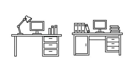 Hand drawn office desks with computers lamps and books workstation setup line art style vector