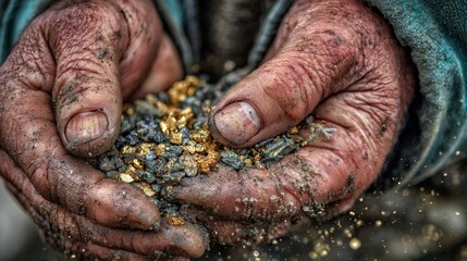 Weathered, dirty hands cradling a shimmering handful of rough-cut gold nuggets and flecks. Close-up, textured detail