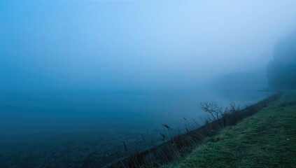 Foggy lakeshore scene, serene natural landscape, erosion risk
