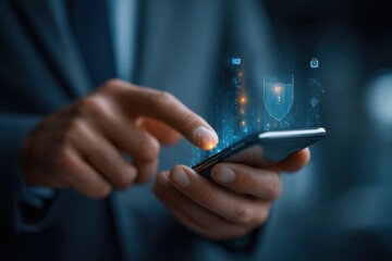 Business professional using a smartphone with digital security holograms and shield icons