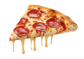 A hot pizza slice with dripping melted cheese
