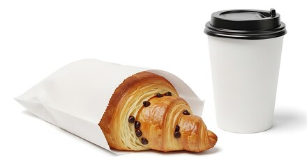 Chocolate croissant in paper bag next to white coffee cup with black lid pastry baked goods