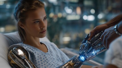 High-tech clinic with patients testing bionic limbs under holographic guidance, robotic assistants adjusting implants, symbolizing cybernetic enhancements, futuristic medical technology, and