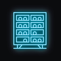 Blue neon sign depicting a wine rack with bottles on a black background