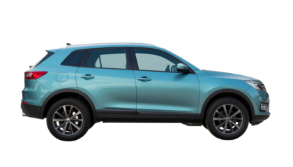 Detailed side view of a teal blue suv showing modern design and alloy wheels isolated on transparent background