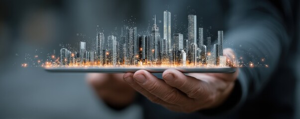 Businessman holding a tablet with a holographic smart city skyline and glowing lights over a cityscape