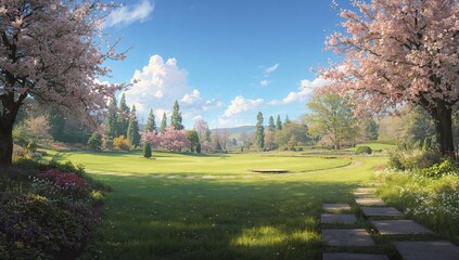 Obraz premium Beautiful Landscape Featuring Blooming Trees in a Spring Garden