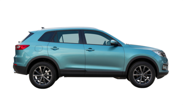Detailed side view of a teal blue suv showing modern design and alloy wheels isolated on transparent background