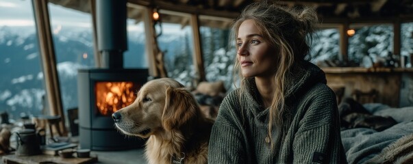 Cozy cabin scene with a woman and her dog by the warm fireplace in a snowy mountain home