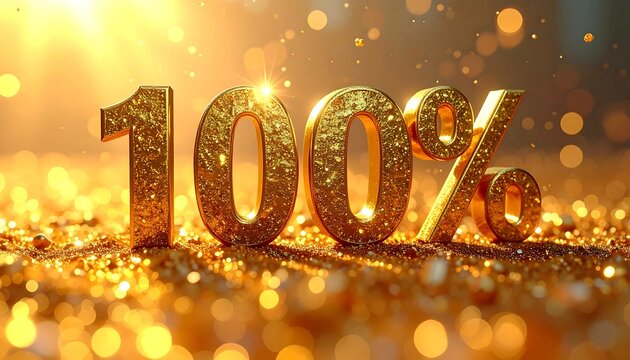 Golden '100%' symbol on a bed of sparkles, shimmering in bright, warm lighting with a soft focus background