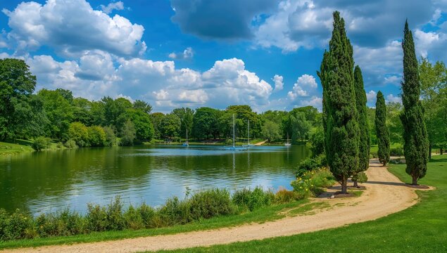 A peaceful lake situated within a park in a scenic Tuscan town.