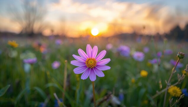 Pasque pulsatilla blooming in a vibrant meadow at sunset with colorful bokeh highlights