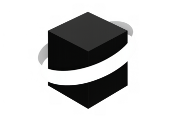 Black isometric 3d cube with white ribbon band wrapping around, abstract geometric shape on transparent png background