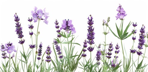 Naklejka premium Lavender and Dame's Rocket Flowers Blooming in Springtime Garden Isolated on White Background Close Up Studio Shot