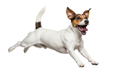 Young agile Jack Russell Terrier, white fur, brown head patches, jumps mid-air, mouth open, pink tongue, perked ears on white studio background with copy space, concept of active pet play
