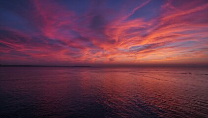 Obraz premium Magenta-hued clouds over a tropical sea at sunrise, reflecting light on the water surface