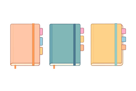Three colorful closed journals with elastic bands and index tabs standing upright on a white background