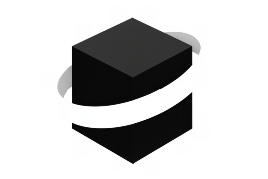 Black isometric 3d cube with white ribbon band wrapping around, abstract geometric shape on transparent png background