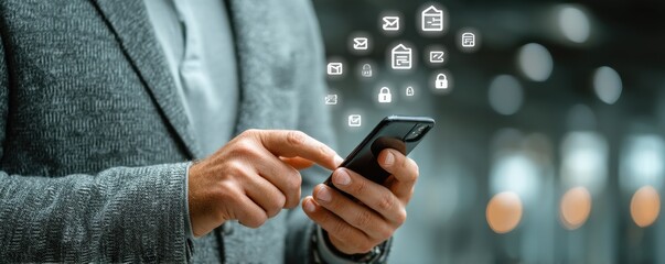 Businessman using his smartphone to share data and messages in a digital security scene