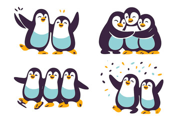 Obraz premium Cute cartoon penguins celebrating friendship and togetherness in four different poses