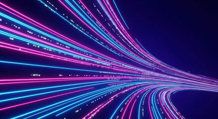 Abstract visualization of fastmoving digital data streams in neon blue and pink light trails on a dark background