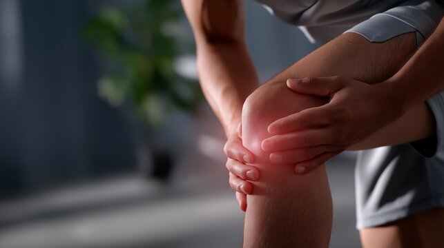 Athlete holding leg with digital overlay of highlighted red pain area, emotion of struggle and focus visible, representing sports rehabilitation, muscle recovery, and physical performance