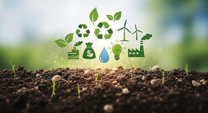 An illustration of environmental sustainability with green icons representing recycling, renewable energy, and ecofriendly practices emerging from fertile soil, symbolizing growth and conservation - Powered by Adobe
